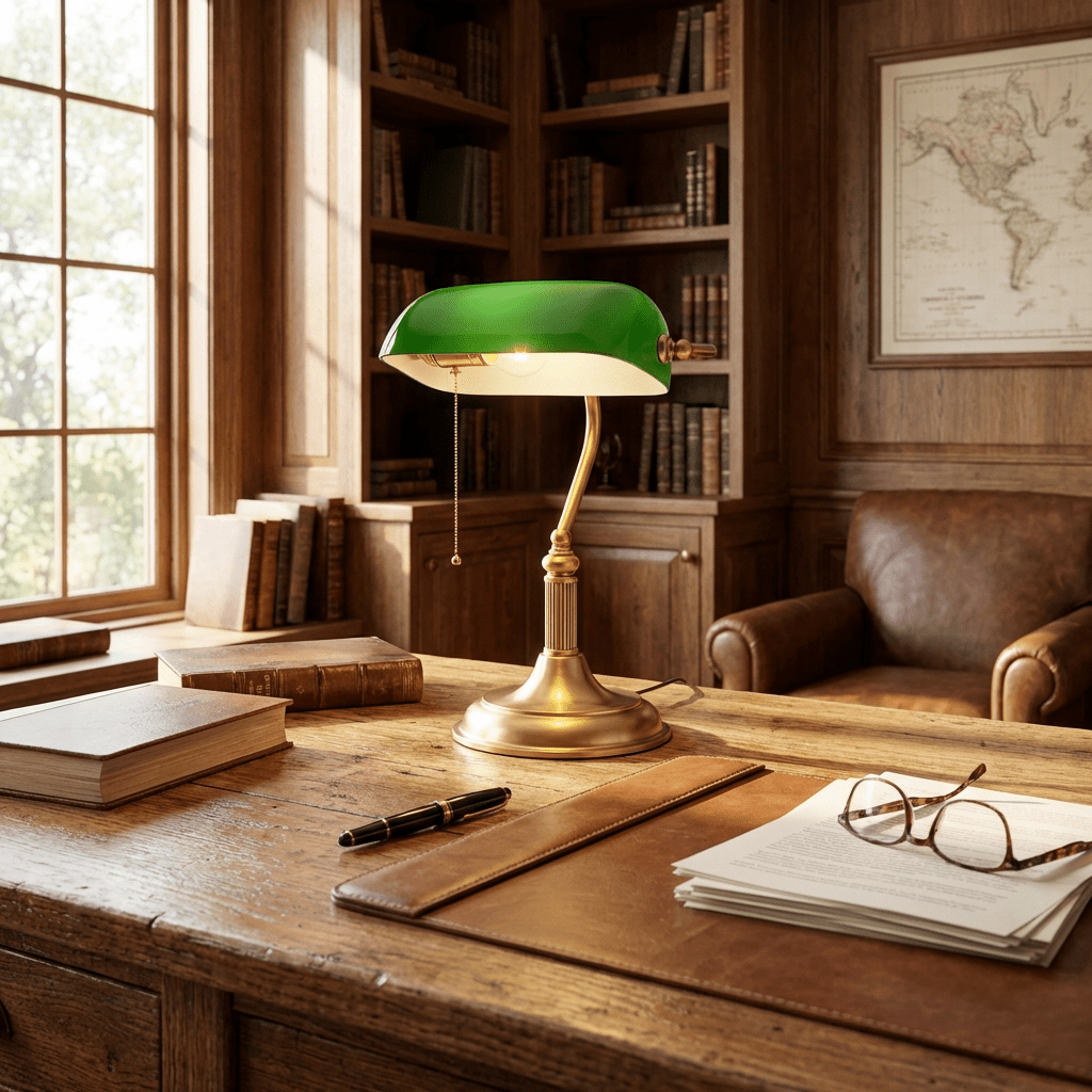 Classic Banker Desk Lamp with Green Glass Shade — Traditional Vintage Style Brass Table Light for Home Office, Library, Study, Bedroom | Lonoma