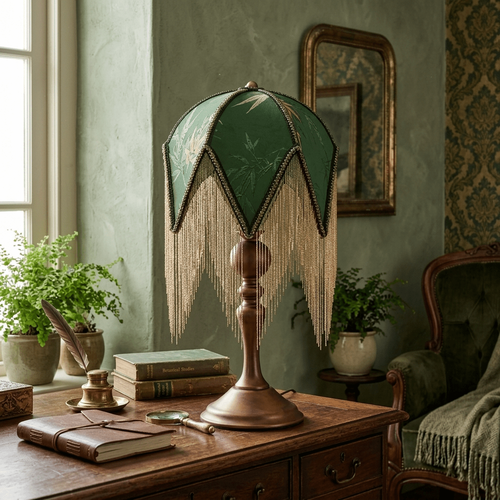 Bohemian Fringe Table Lamp with Green Botanical Shade 7.9 in Walnut Wood Base E27 Socket Victorian Bedside Accent Light for Bedroom | Lonoma