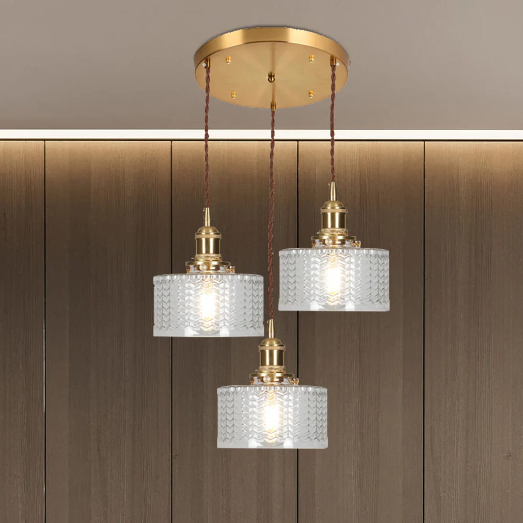 Adjustable Pendant Light with Ribbed Glass Shade, E27 Socket, Green Brass Finish for Kitchen Island, Dining Room & Breakfast Bar | Lonoma