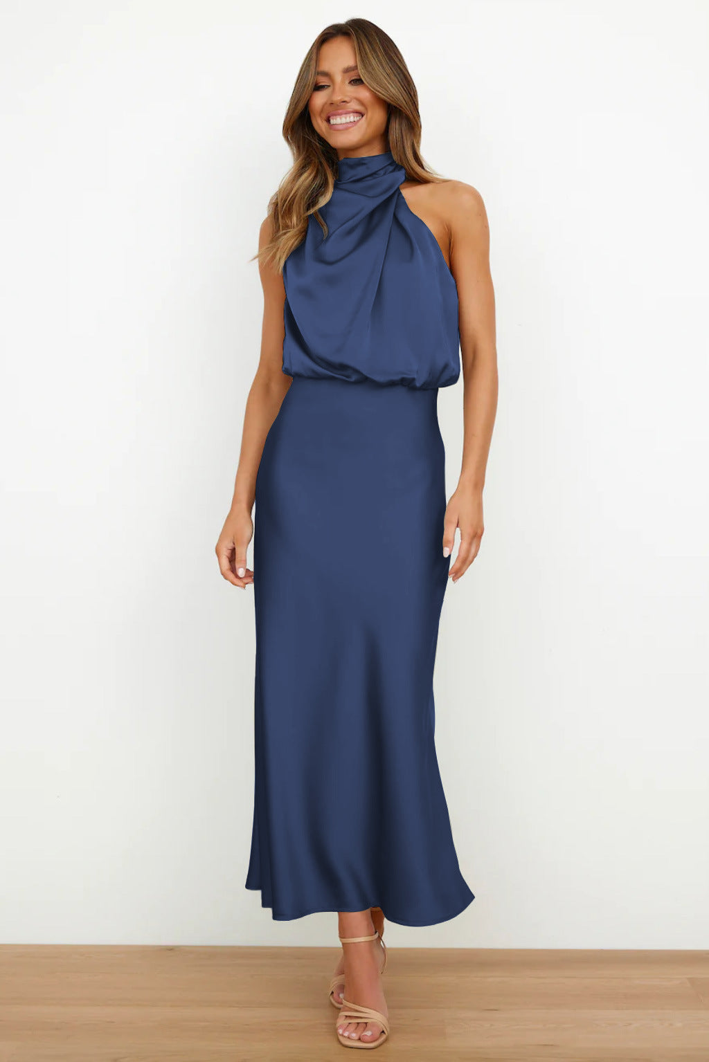 Women's Draped Satin Evening Dress with Open Back — Elegant Midi Dress for Summer Weddings & Special Occasions | Koossa