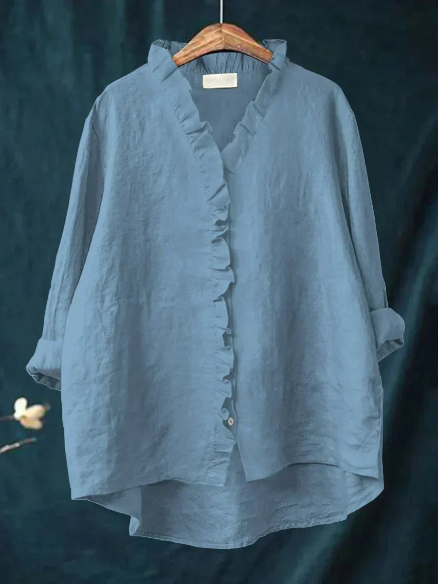 Women's Cotton-Linen V-Neck Blouse with Ruffle Detail in Seven Colours – Relaxed Fit Button-Front Top for Casual Elegance Spring Summer Everyday Wear | Koossa