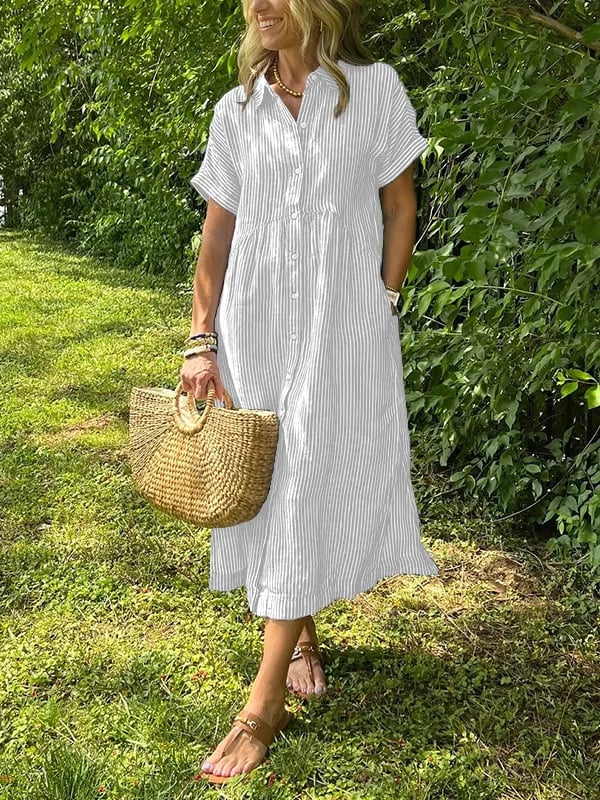 Women's Cotton Maxi Shirt Dress with Button Front and Classic Collar – Elegant Summer Dress for Everyday Occasions | Koossa