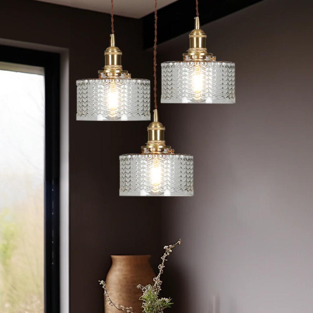 Adjustable Pendant Light with Ribbed Glass Shade, E27 Socket, Green Brass Finish for Kitchen Island, Dining Room & Breakfast Bar | Lonoma