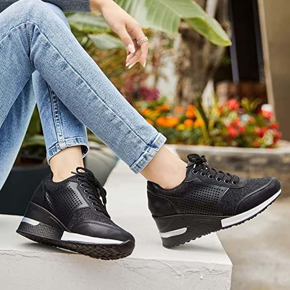 Women's Hidden Wedge Trainers with Lace-Up Detail in Gold, Grey, Black and Leopard Print for Everyday Elegance and Elevated Comfort | Koossa