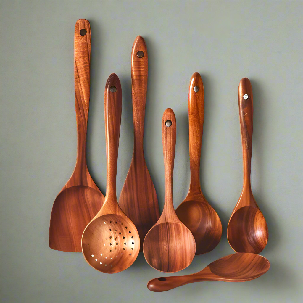Wooden Cooking Utensil Set – Natural Teak Spoons & Spatulas for Nonstick Pans – Kitchen Tool Set with Antibacterial Wood – 4 to 9 Piece | Lonoma