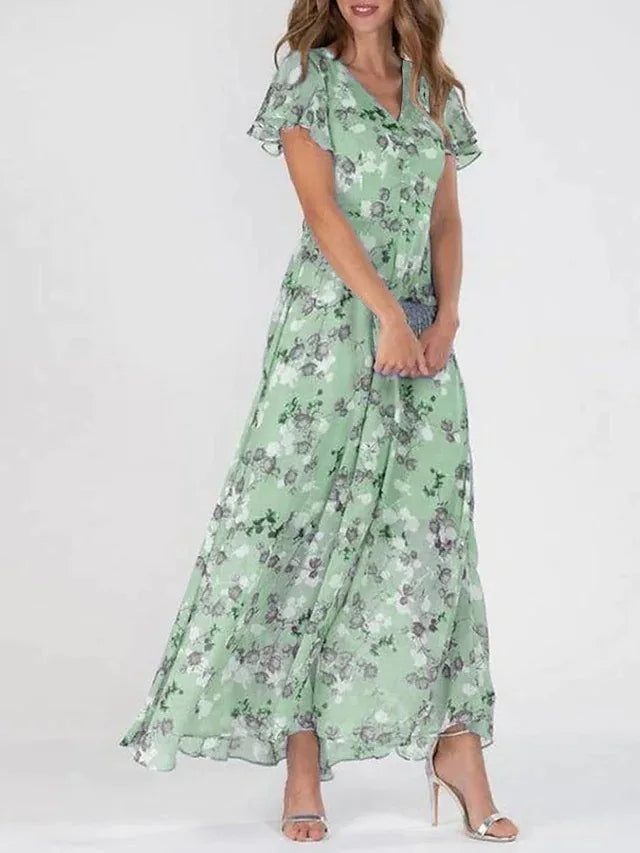 Women's Floral Midi Dress with Short Sleeves in Soft Cotton Blend | Perfect for Garden Parties, Summer Weddings, Afternoon Tea | Koossa