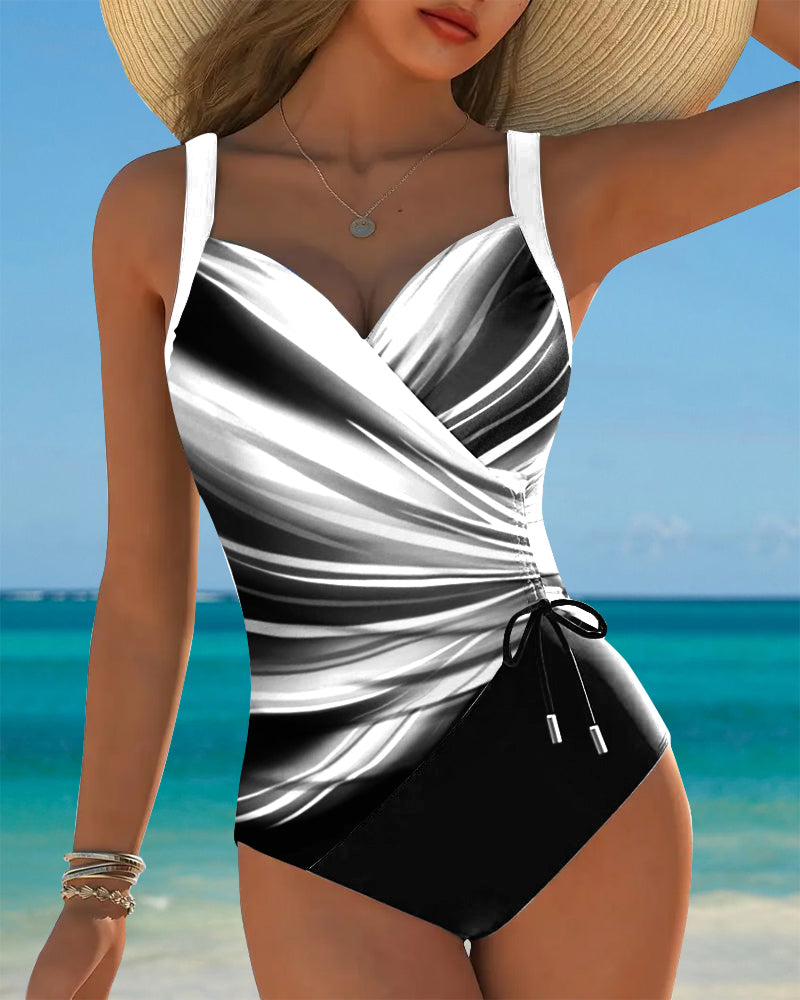 Women's Colour Block One-Piece Swimsuit with Lace-Up Detail — Elegant Swimwear for Holiday & Beach | Koossa