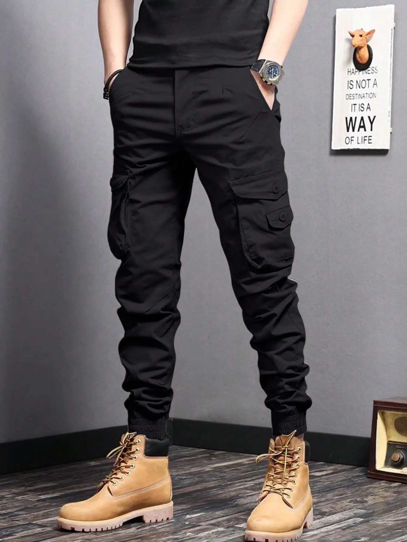 Men's Cargo Trousers in Black and Grey — Tapered Utility Style with Flap Pockets and Reinforced Seams for Casual Everyday Wear | Koossa