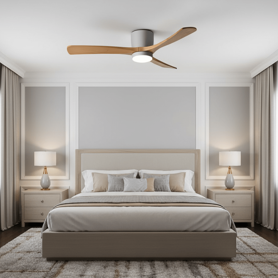Ventilateur de plafond lumineux lames bois naturel design nordique silencieux économe chambre salon moderne | Koossa