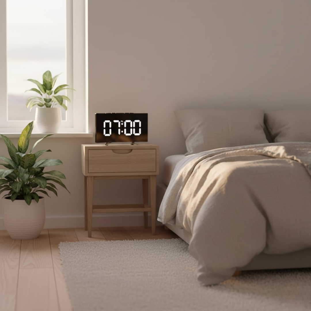 Réveil numérique LED à écran incurvé avec luminosité automatique affichage grand format idéal pour chambre | Koossa