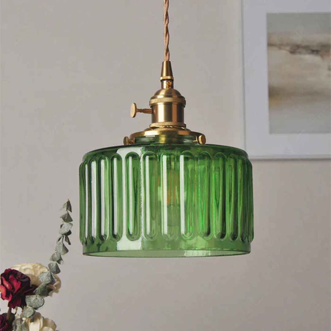 Adjustable Pendant Light with Ribbed Glass Shade, E27 Socket, Green Brass Finish for Kitchen Island, Dining Room & Breakfast Bar | Lonoma