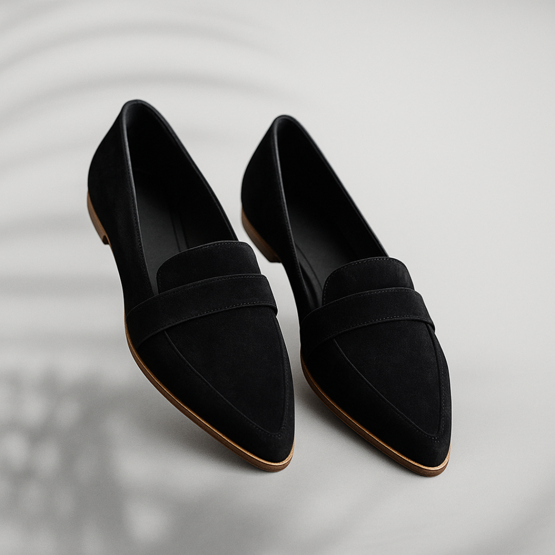 Women's Pointed-Toe Loafers with Strap Detail in Black, Grey & Animal Print – Slip-On Flats for Work and Weekend | Koossa