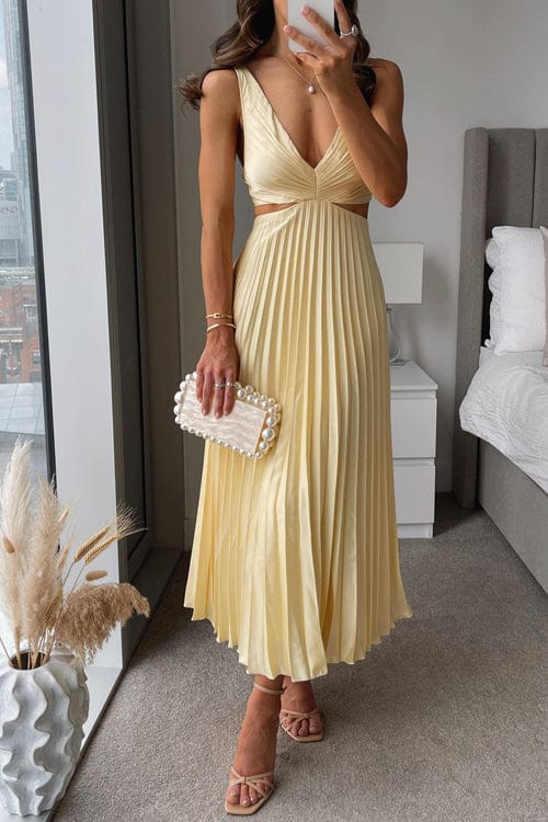 Pleated Midi Dress with Cut-Out Waist and V-Neckline in Yellow, Red, Pink, Black, Green, Orange for Evening Occasions | Koossa