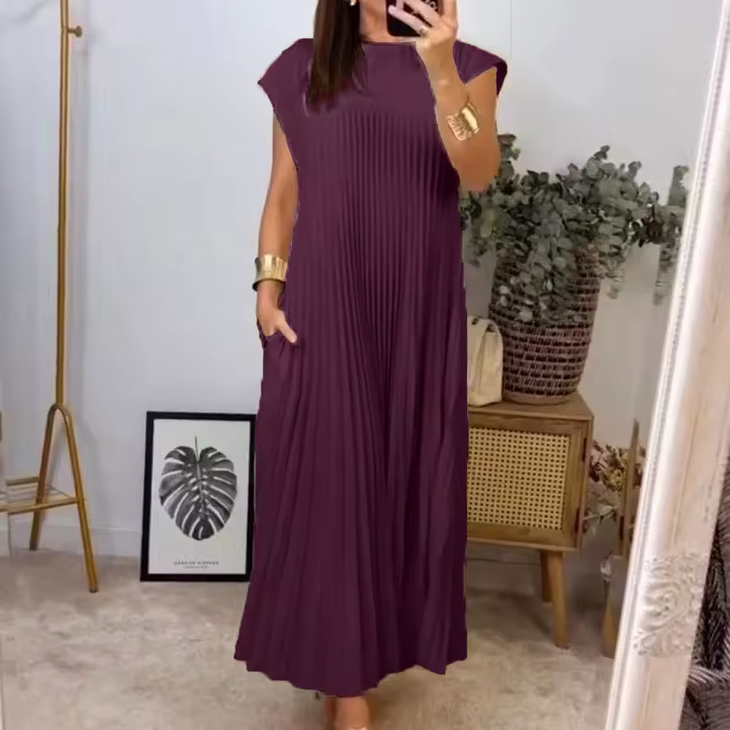 Women's Sleeveless Pleated Midi Dress in Soft Jersey Fabric for Daywear & Evenings | Koossa