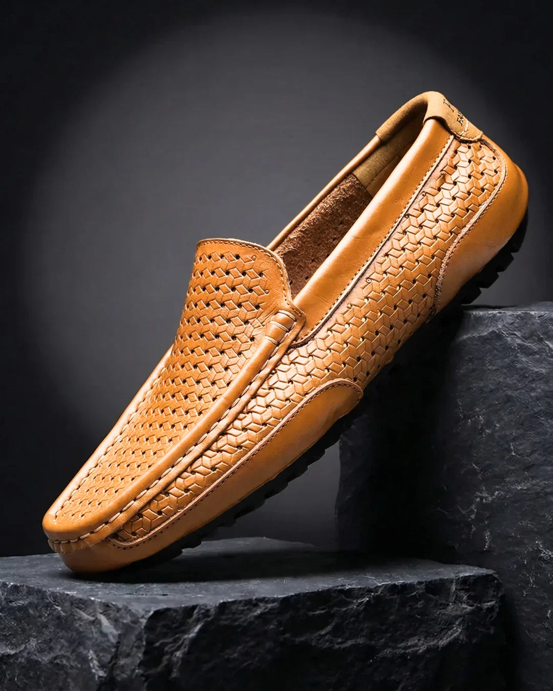 Men's Handwoven Leather Slip-On Loafers – Cushioned Insole, Flexible Rubber Sole, Casual Dress Shoes for Everyday Comfort | Lonoma