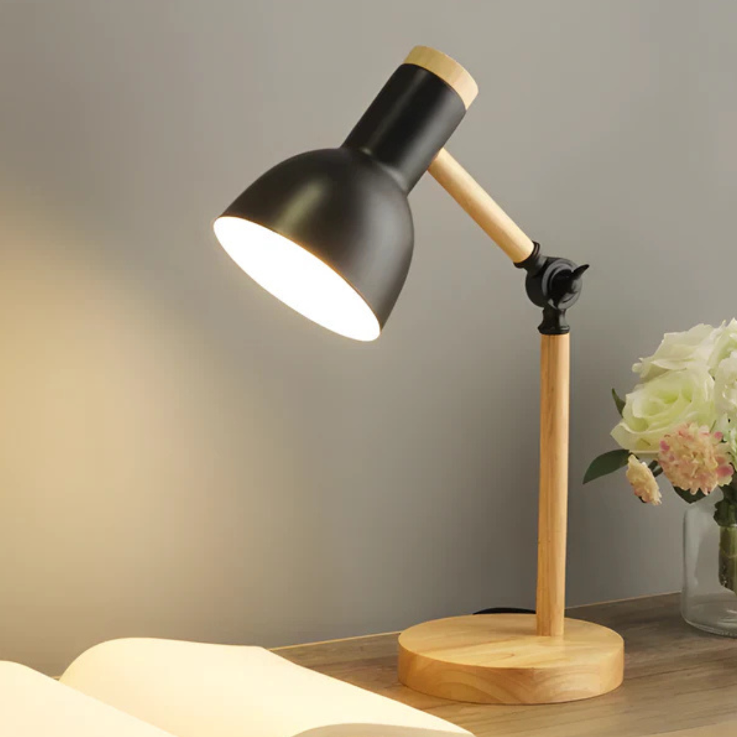 Adjustable Desk Lamp with Wood Base and Metal Shade – LED Task Light for Office, Bedroom, and Study | Lonoma