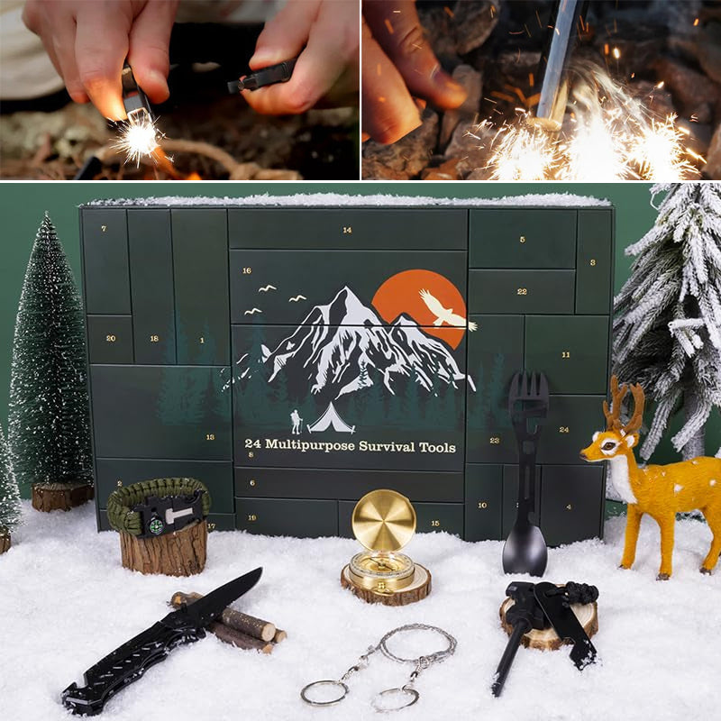 Outdoor Survival Gear Advent Calendar for Men, 24 Camping Tools for Hiking, Backpacking & Wilderness Adventures, Holiday Countdown Gift | Lonoma