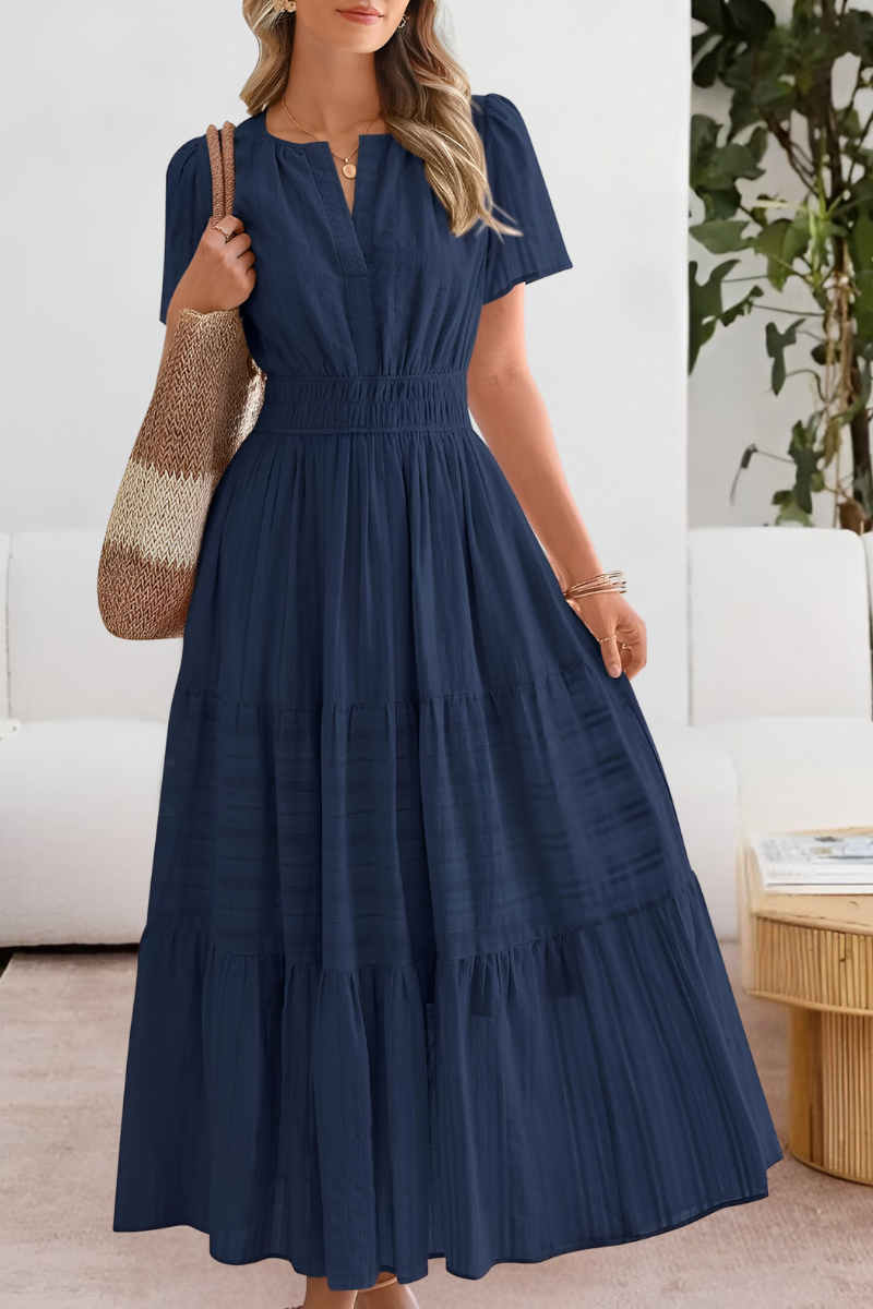 Women's Smocked Waist Midi Dress with Short Sleeves in Lightweight Cotton for Garden Parties and Summer Outings | Koossa