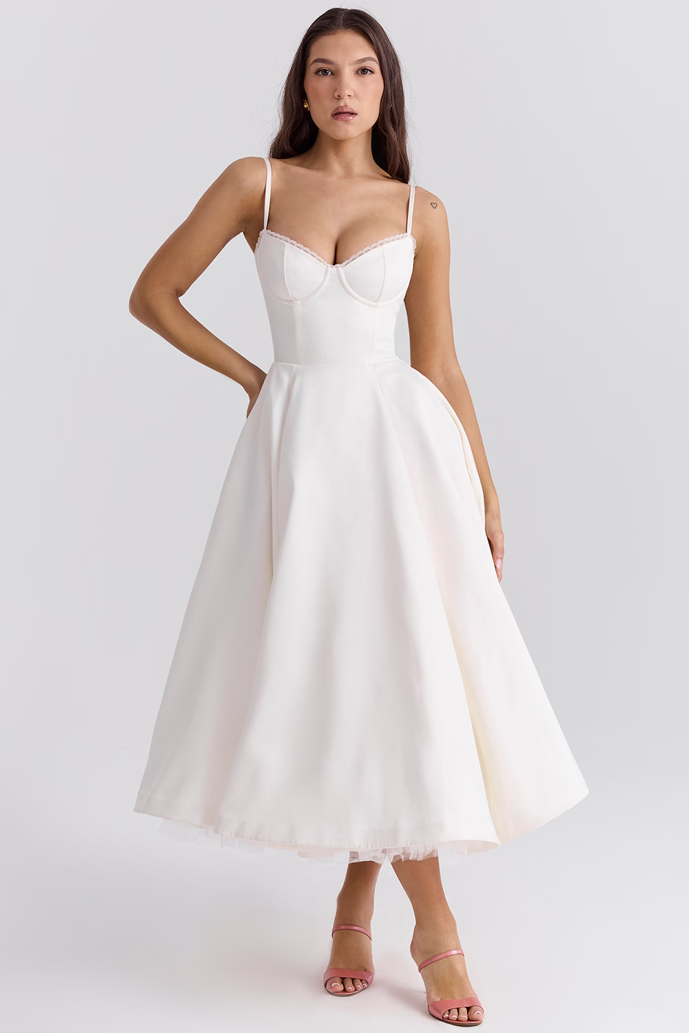 Structured Bustier Midi Dress with Flared Skirt in Blue, Pink, White, Black & Floral for Wedding Guests and Evening Events | Koossa