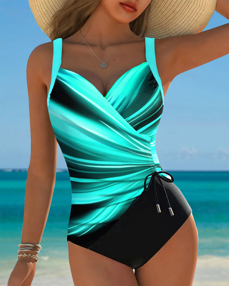 Women's Colour Block One-Piece Swimsuit with Lace-Up Detail — Elegant Swimwear for Holiday & Beach | Koossa
