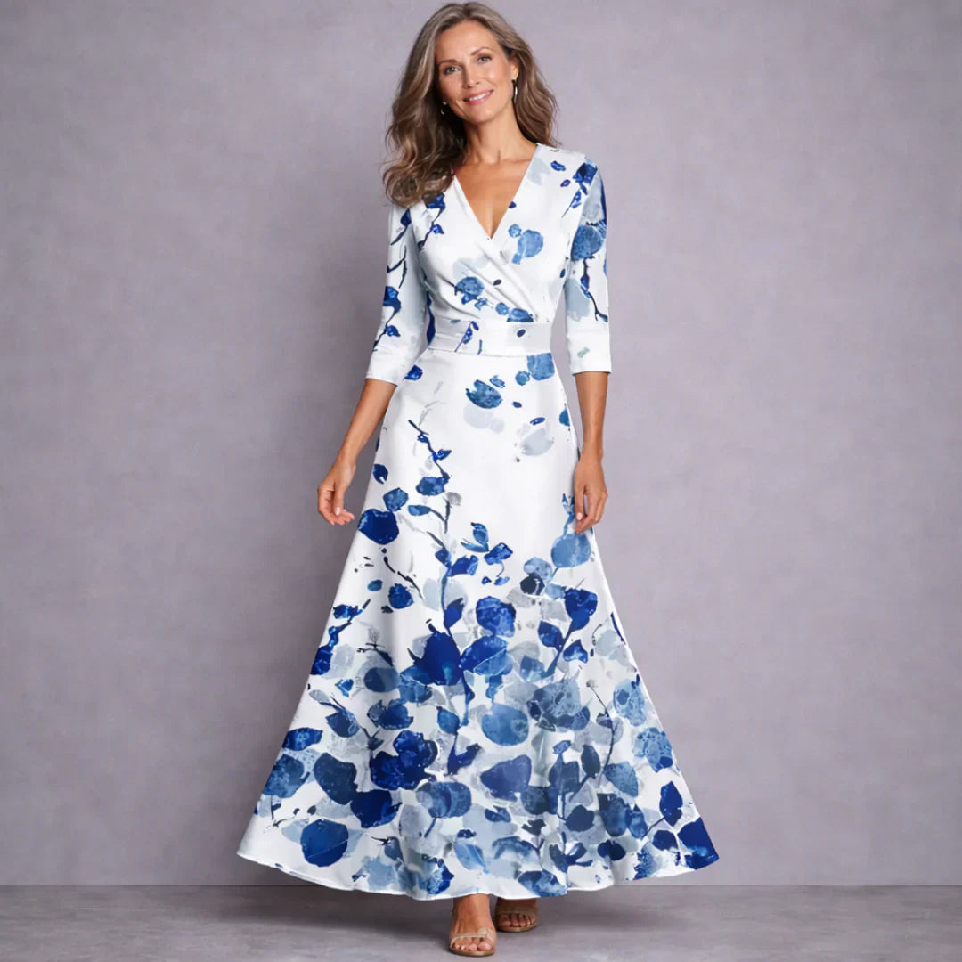 Women's Floral Print Maxi Dress with Mid-Length Sleeves – Elegant Flowing Dress for Weddings, Dinners, and Smart Occasions | Koossa