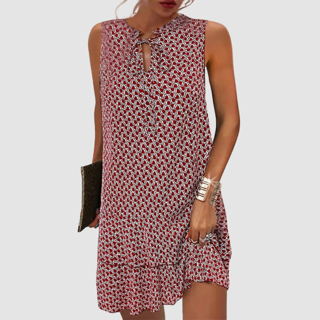 Women's Sleeveless V-Neck Dress with Pockets in Blue and Red – Relaxed Fit Cotton Dress for Everyday Elegance | Koossa