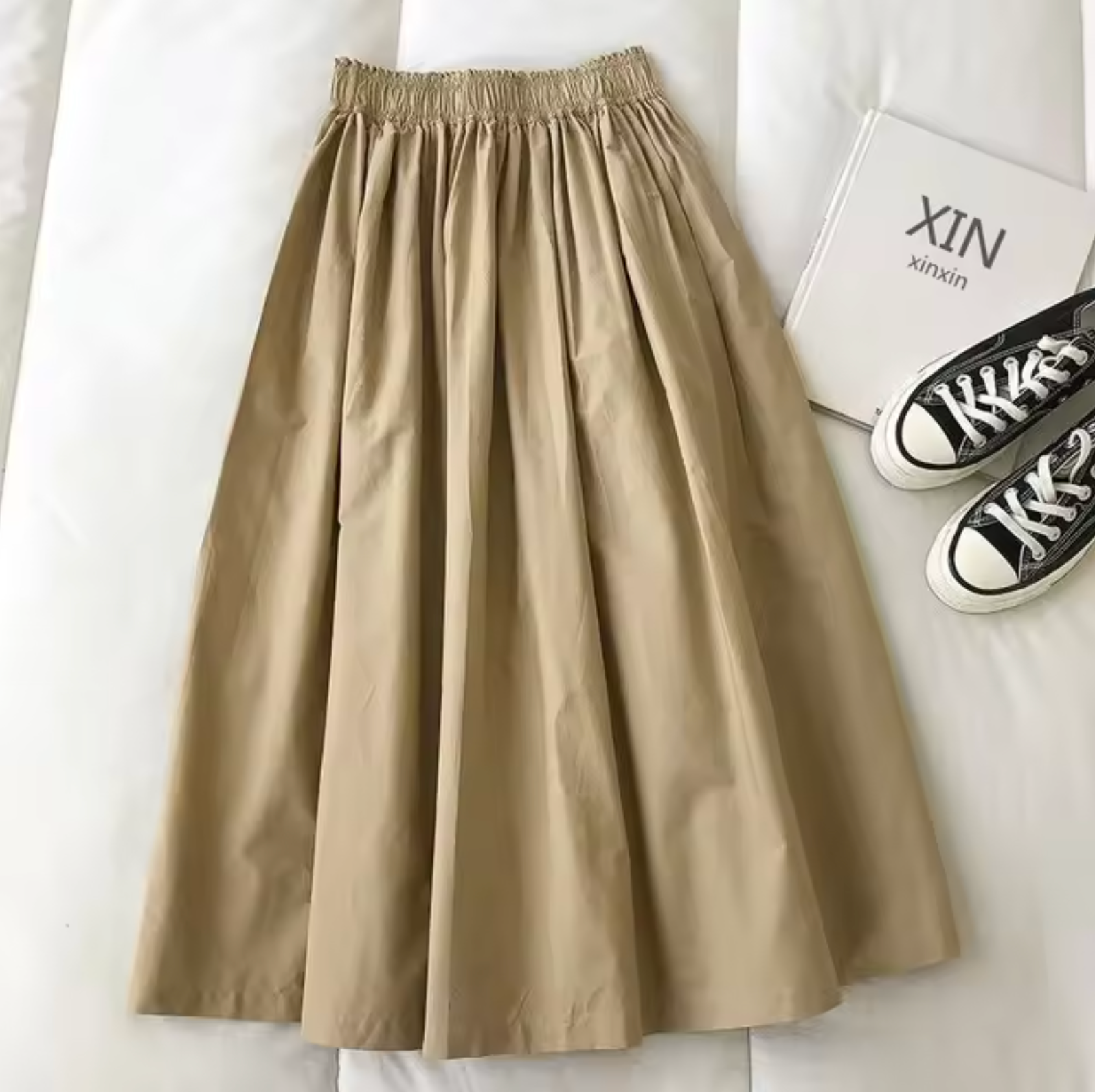 Women's High-Waisted Pleated Midi Skirt in Khaki, Black & Navy — Elegant A-Line Skirt for Work & Occasions | Koossa