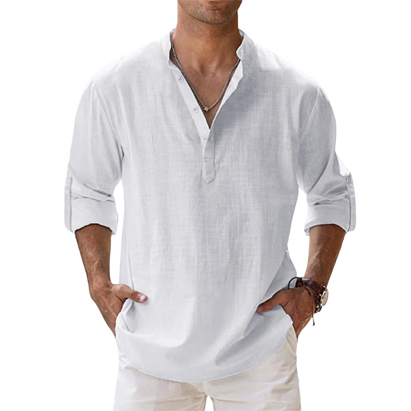 Men's Long Sleeve Grandad Collar Shirt in Washed Cotton | Classic Henley Button Placket Casual Relaxed Fit Heritage Style Timeless Weekend Shirt | Koossa