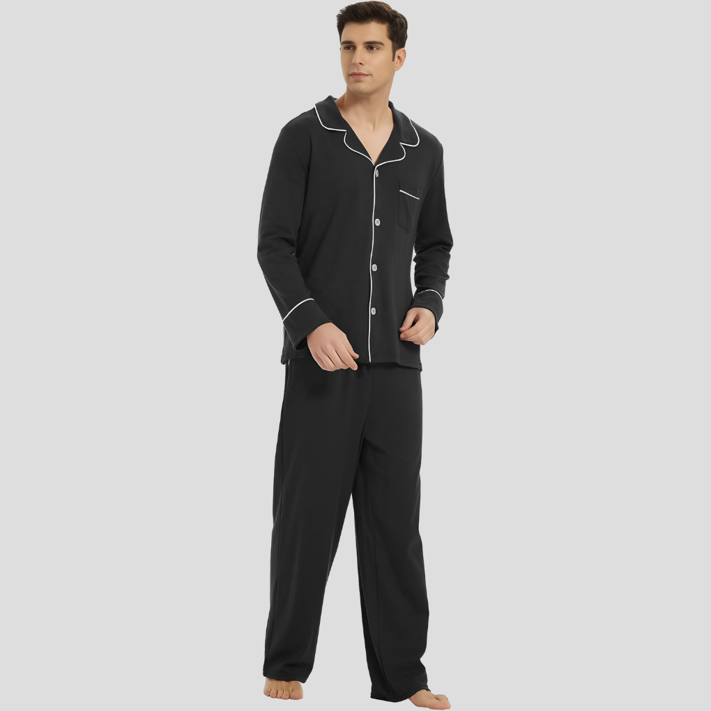 Men's Classic Long-Sleeved Cotton Pyjama Set in Timeless Colours | Traditional Button-Front Nightwear for Year-Round Comfort | Koossa