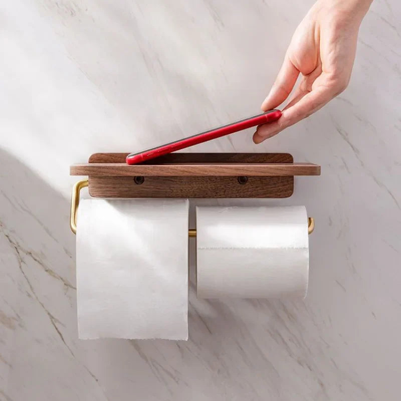 Wall Mount Toilet Paper Holder with Top Shelf, Dark Brown Walnut Wood Tissue Dispenser for Bathroom, Powder Room & Guest Bath | Lonoma