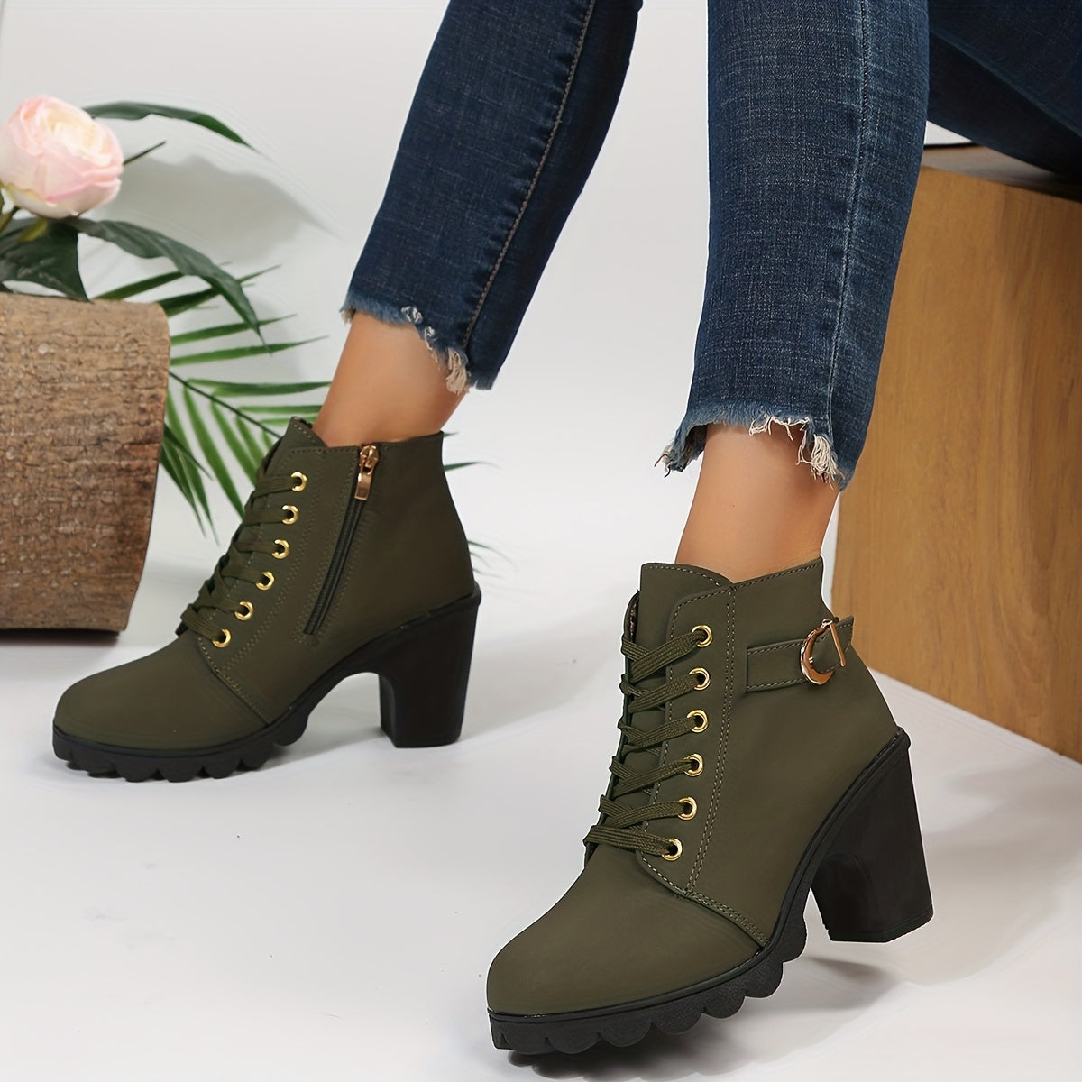 Lace-Up Ankle Boots with Block Heel in Dark Green, Black & Burgundy – Versatile Leather-Look Boots with Side Zip | Koossa