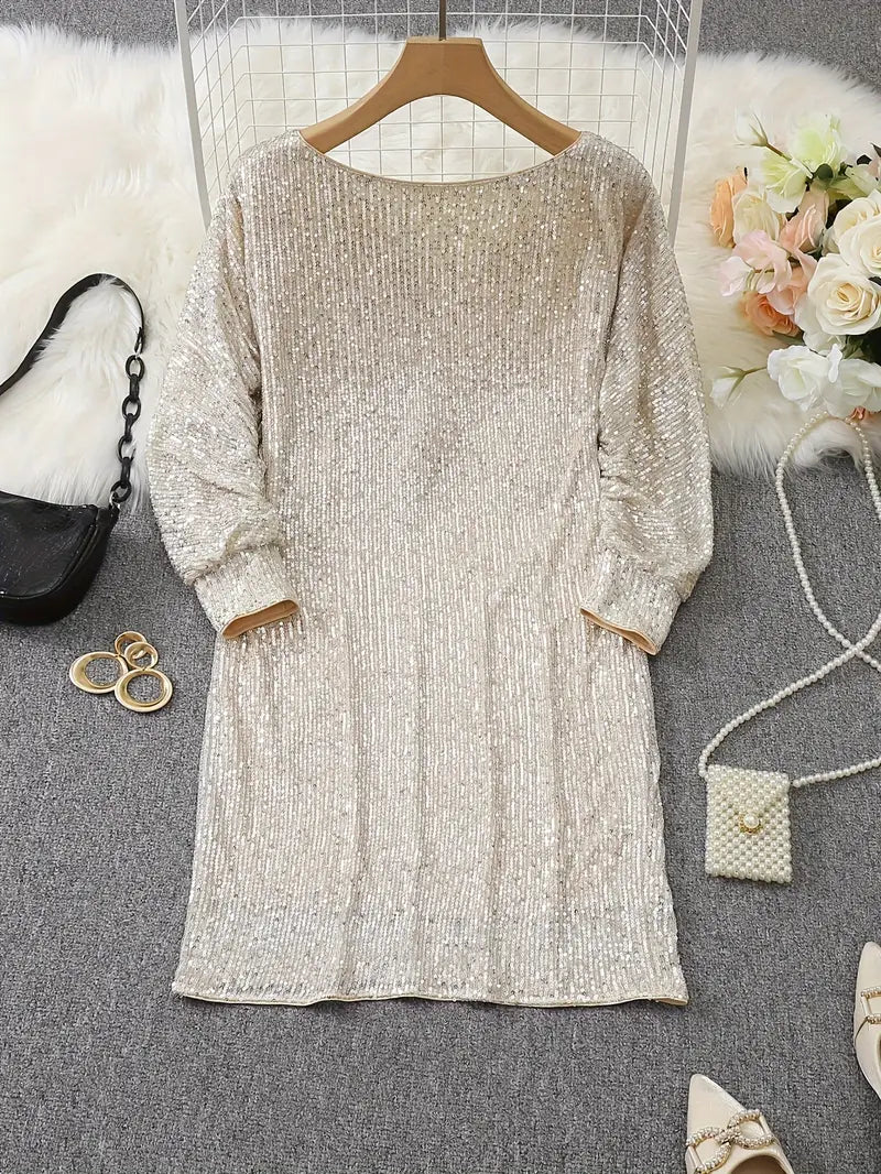 Sequinned Long-Sleeve Mini Dress in Relaxed Silhouette for Evening Occasions | Koossa