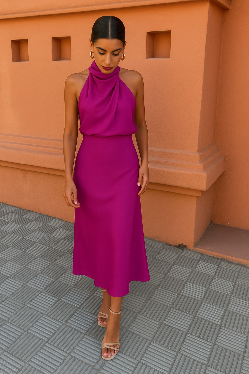 Women's Draped Satin Evening Dress with Open Back — Elegant Midi Dress for Summer Weddings & Special Occasions | Koossa