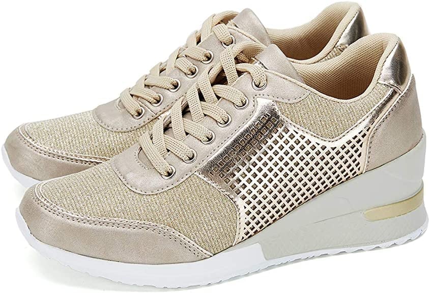 Women's Hidden Wedge Trainers with Lace-Up Detail in Gold, Grey, Black and Leopard Print for Everyday Elegance and Elevated Comfort | Koossa