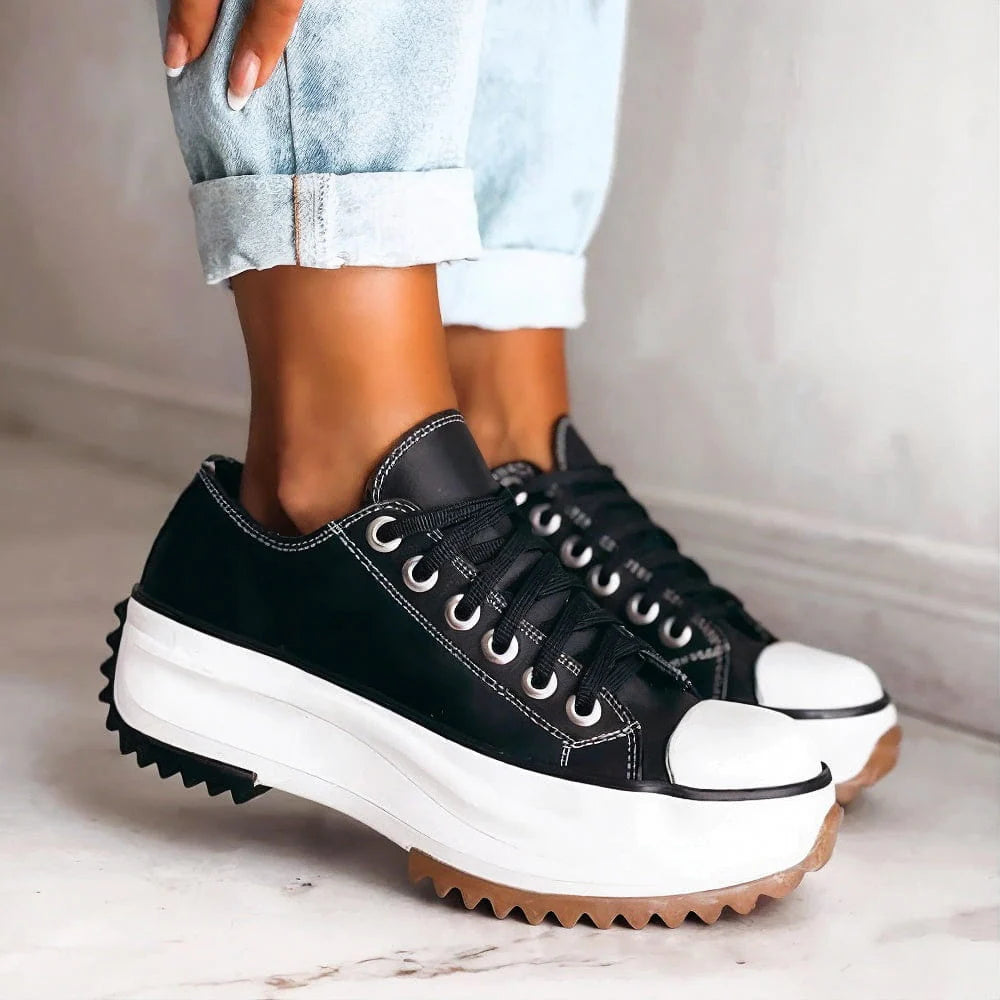 Women's Platform Lace-Up Trainers in Classic Canvas | Effortless Everyday Comfort | Available in Beige White Black | Cushioned Sole Casual Footwear | Koossa
