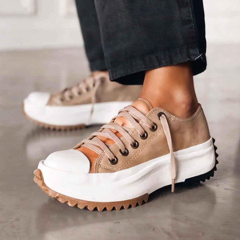 Women's Platform Lace-Up Trainers in Classic Canvas | Effortless Everyday Comfort | Available in Beige White Black | Cushioned Sole Casual Footwear | Koossa