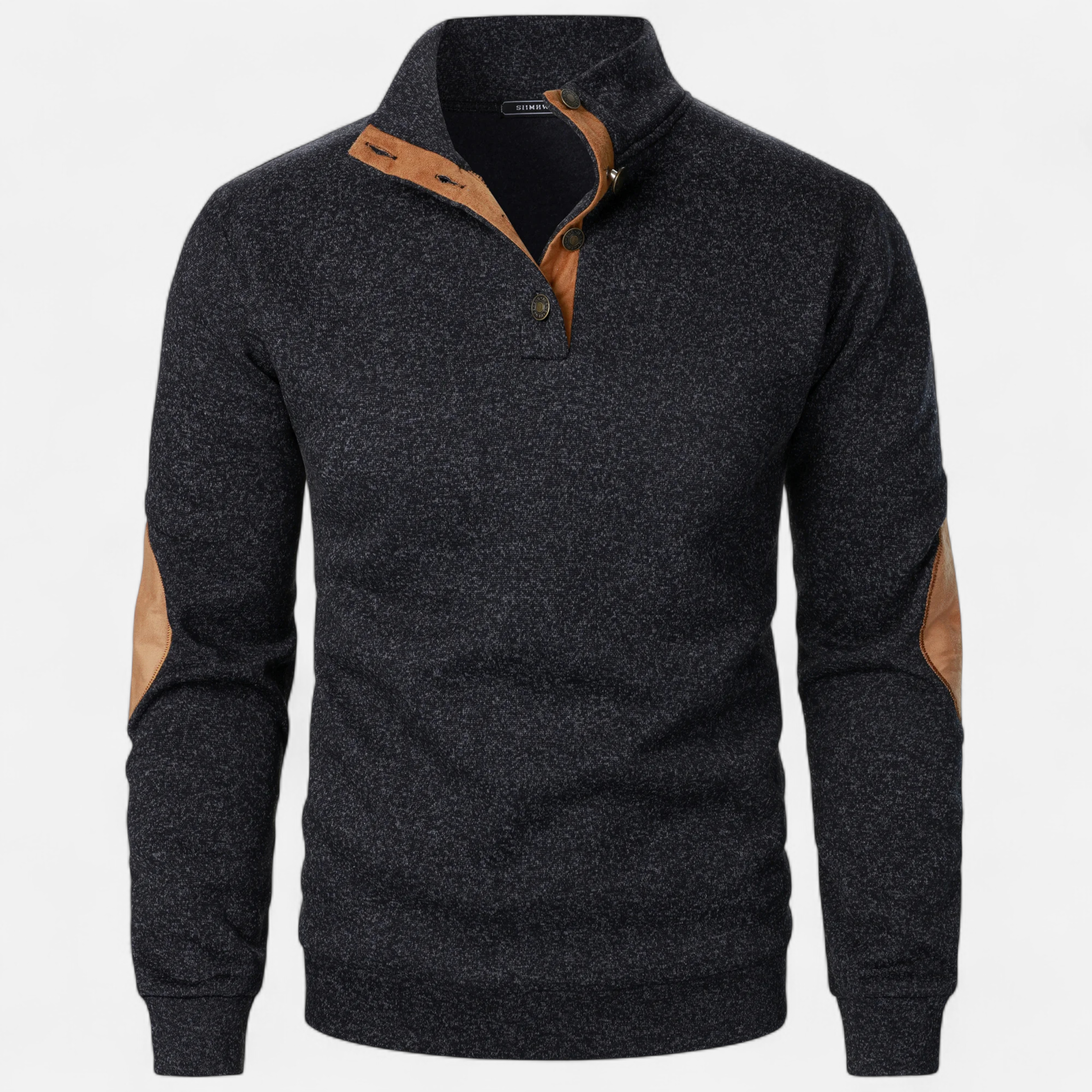Stand-Collar Knitted Pullover with Elbow Patches in Nine Colours | Classic Half-Button Design for Office and Weekend | Warm Layering Jumper | Koossa