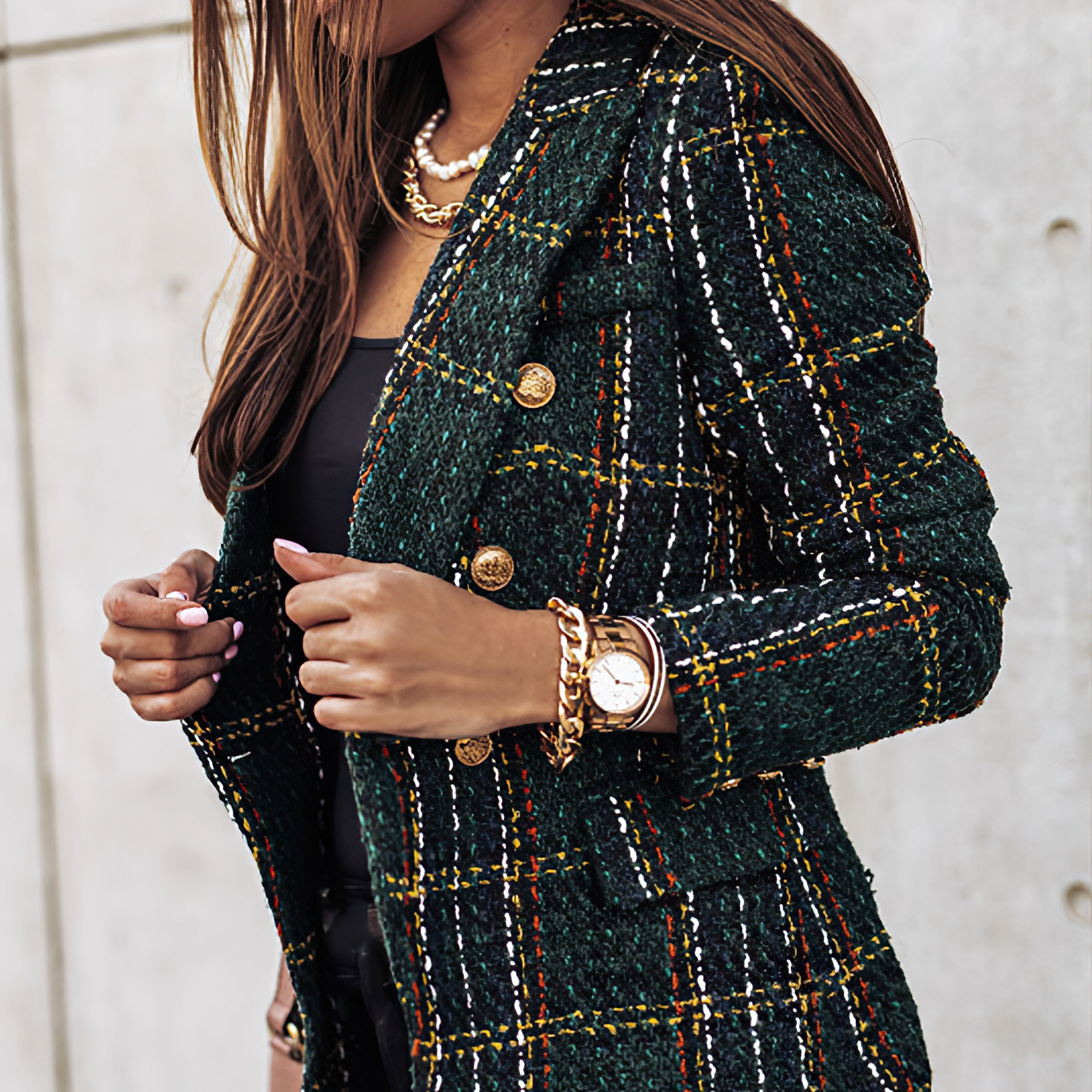 Women's Check Double-Breasted Blazer in Four Rich Autumn Tones — Tailored Structured Office Smart Casual Formal Jacket for Work Evening Dinner | Koossa