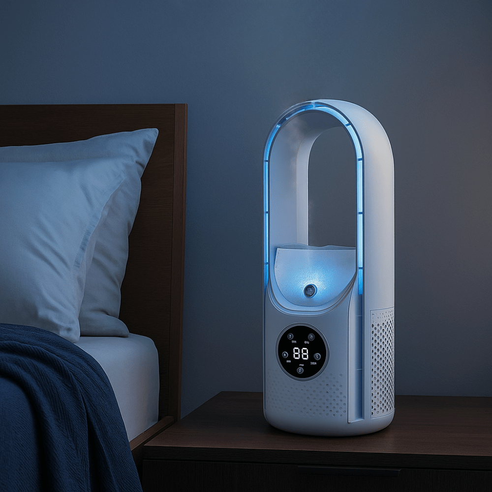 Refroidisseur d'air sans pales compact et silencieux rechargeable pour bureau et chambre blanc et bleu | Koossa