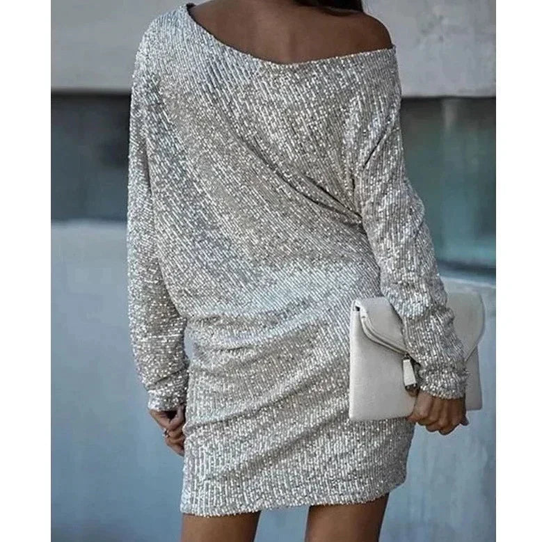 Sequinned Long-Sleeve Mini Dress in Relaxed Silhouette for Evening Occasions | Koossa