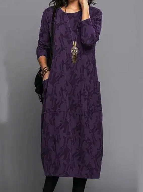 Women's Winter Midi Dress with Leaf Print — Elegant Long Sleeve Dress with Pockets for Autumn & Winter | Koossa