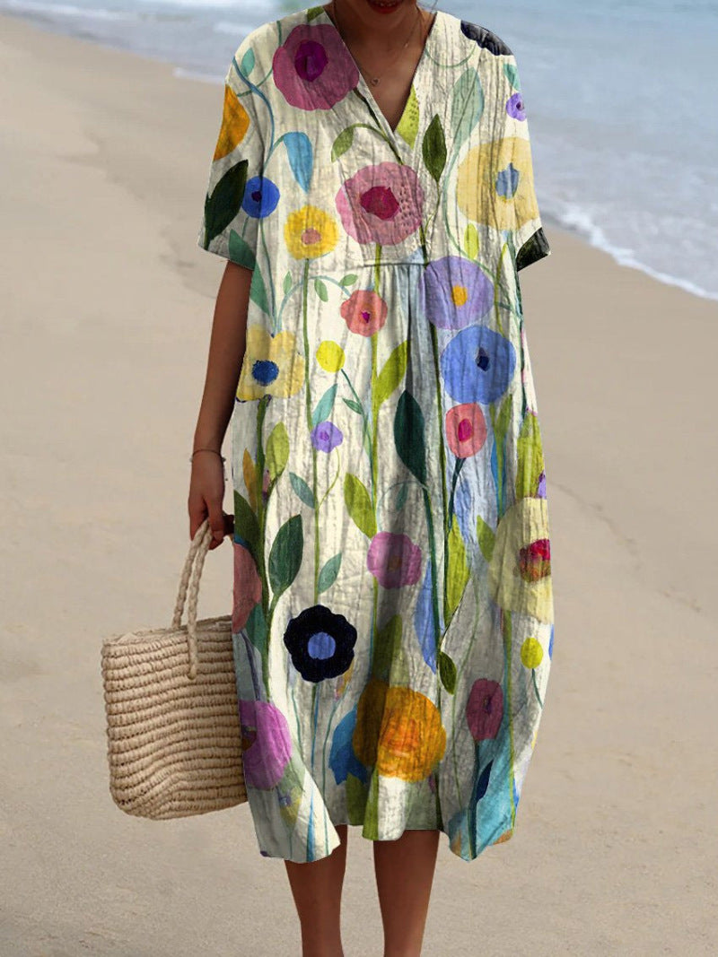 Women's Floral V-Neck Summer Dress — Colourful Midi Dress for Garden Parties & Holiday Occasions | Koossa