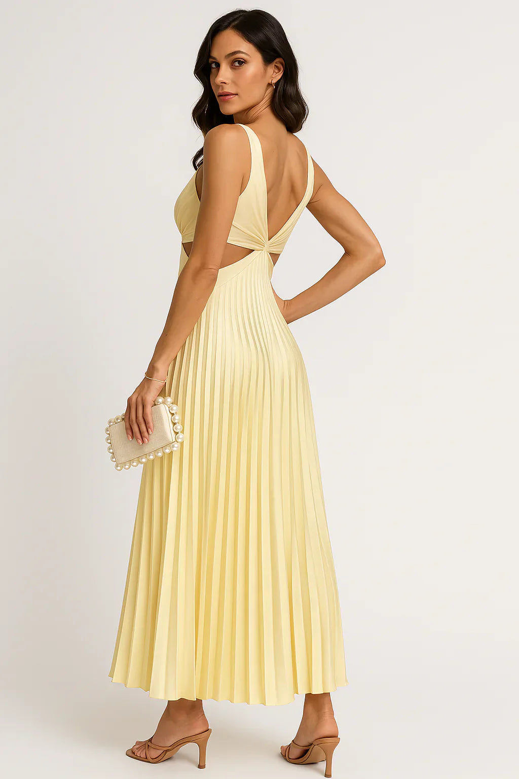 Pleated Midi Dress with Cut-Out Waist and V-Neckline in Yellow, Red, Pink, Black, Green, Orange for Evening Occasions | Koossa