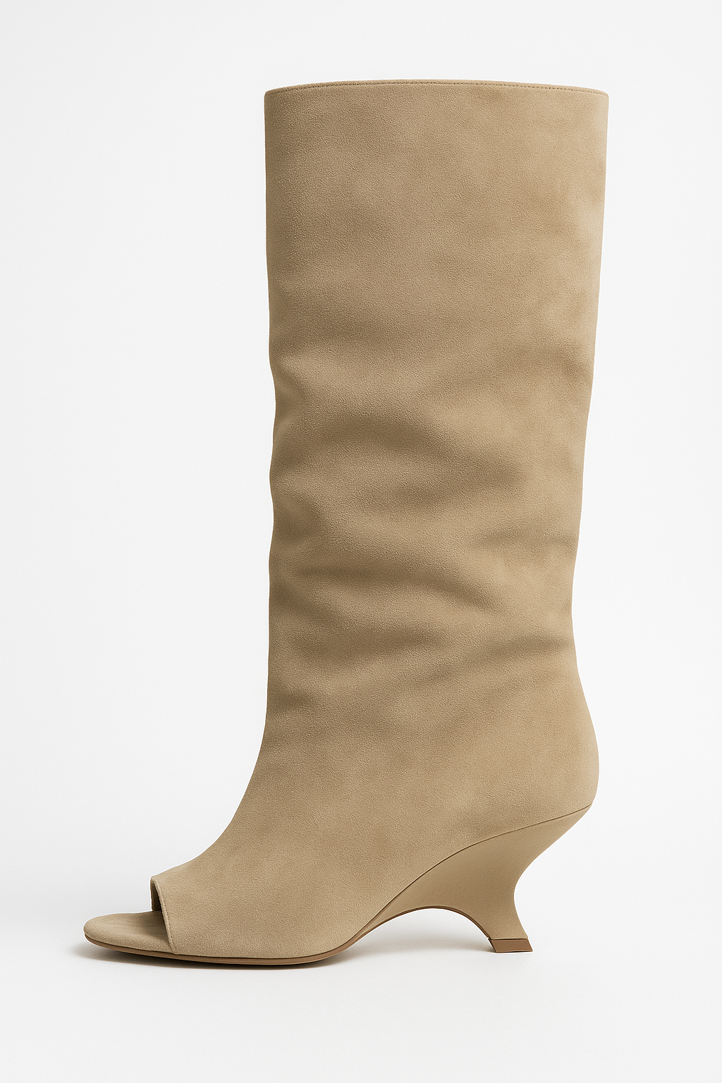 Women's Peep Toe Knee High Boots | Sculpted Wedge Heel | Soft Draped Shaft | Architectural Silhouette | Modern Occasion Footwear | Koossa