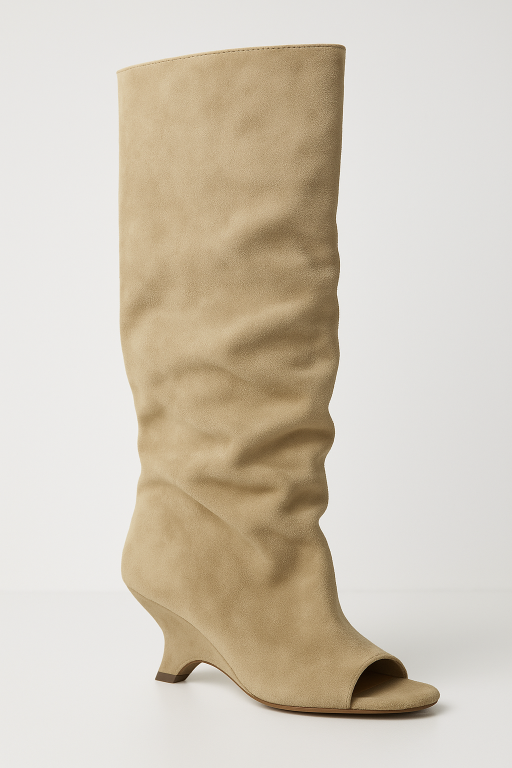 Women's Peep Toe Knee High Boots | Sculpted Wedge Heel | Soft Draped Shaft | Architectural Silhouette | Modern Occasion Footwear | Koossa