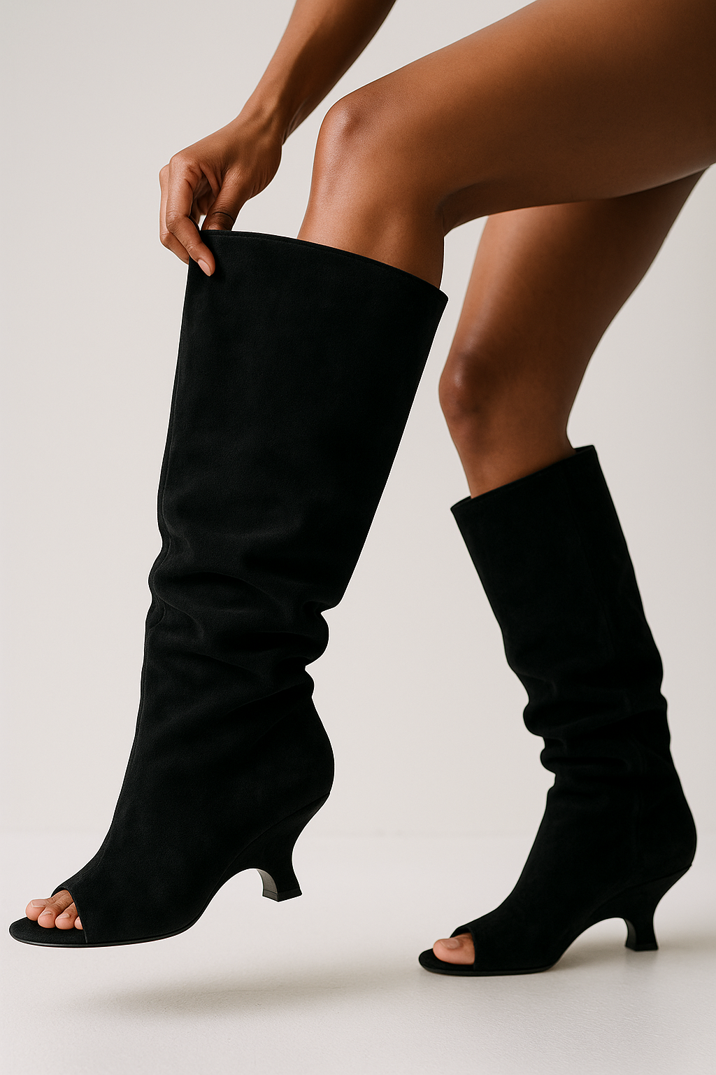 Women's Peep Toe Knee High Boots | Sculpted Wedge Heel | Soft Draped Shaft | Architectural Silhouette | Modern Occasion Footwear | Koossa