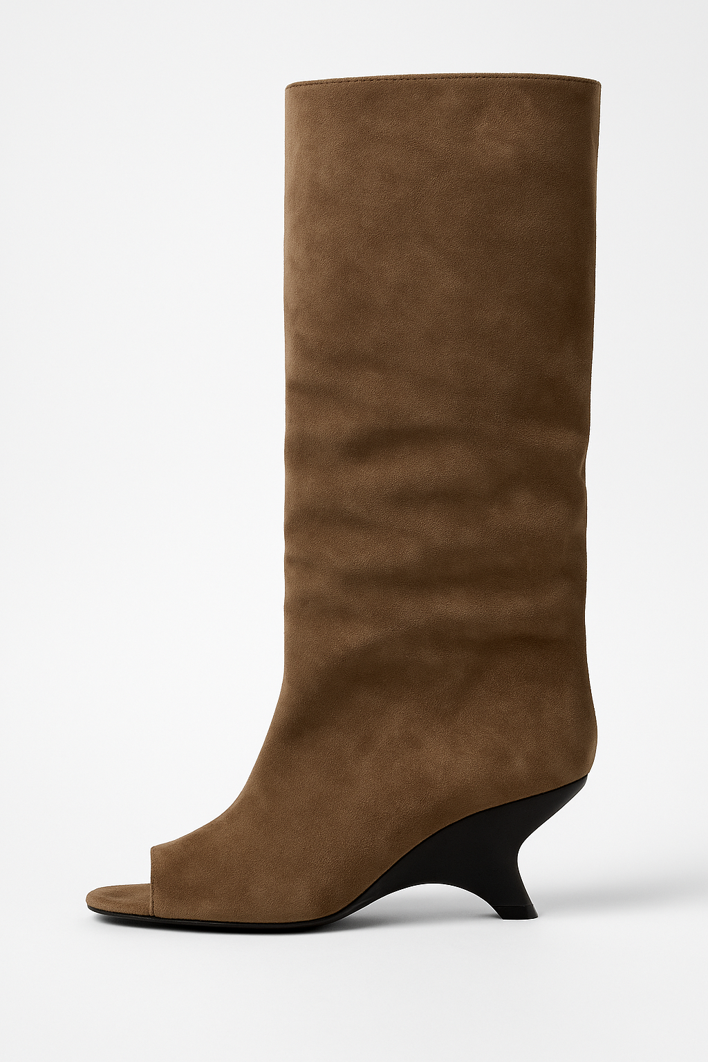 Women's Peep Toe Knee High Boots | Sculpted Wedge Heel | Soft Draped Shaft | Architectural Silhouette | Modern Occasion Footwear | Koossa