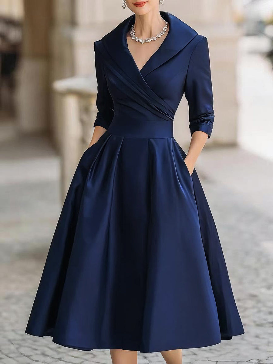 Women's Draped Neckline Midi Dress with A-Line Skirt — Elegant Evening Dress for Weddings & Formal Occasions | Koossa