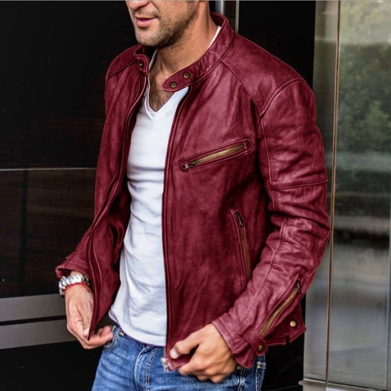 Men's Genuine Leather Motorcycle Jacket with Stand Collar and Zipper Pockets for Fall | Water-Resistant Bomber Jacket for Casual Everyday | Lonoma
