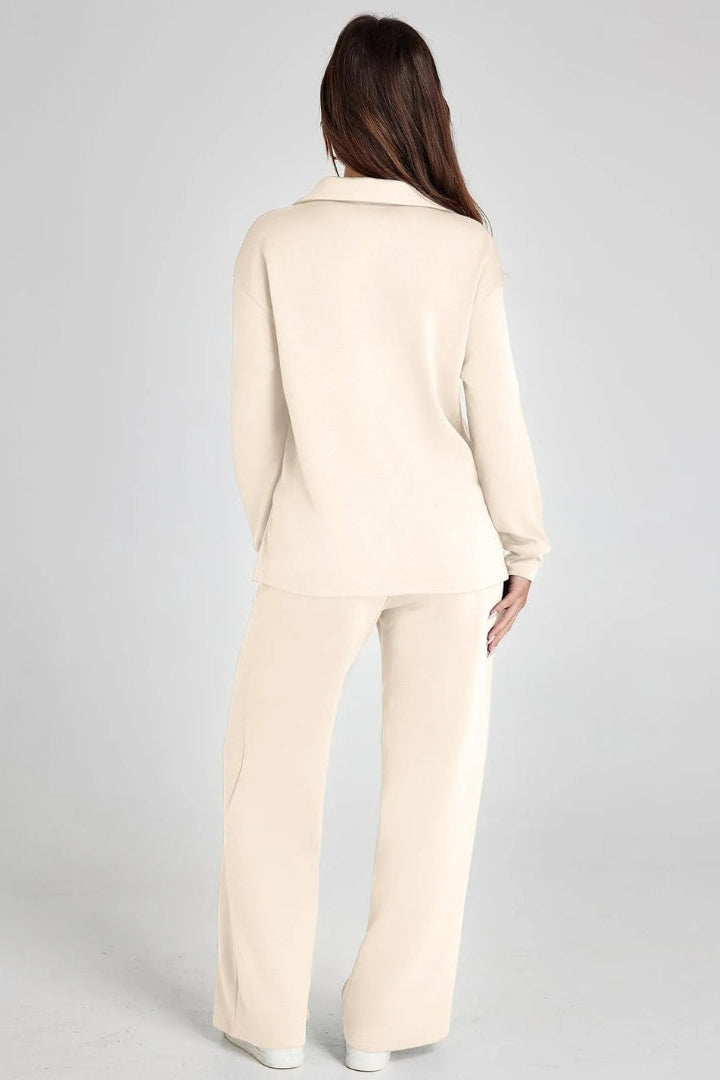 Women's Two-Piece Lounge Set V-Neck Collared Top Wide-Leg Trousers Drawstring Waist Relaxed Fit Comfortable Loungewear Casual Weekend Wear Timeless Minimalist Style | Koossa